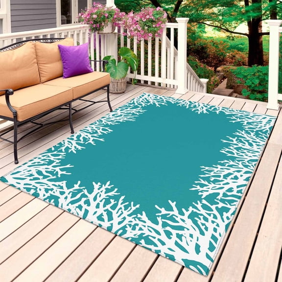 Outdoor Rug 3' x 5', Aqua Coastal Coral Large Carpet Area Rugs for Patio, RV, Deck, White Ocean Marine Sea Nautical Beach Water Absorption Camping Rug, Lightweight Washable Rugs Runner