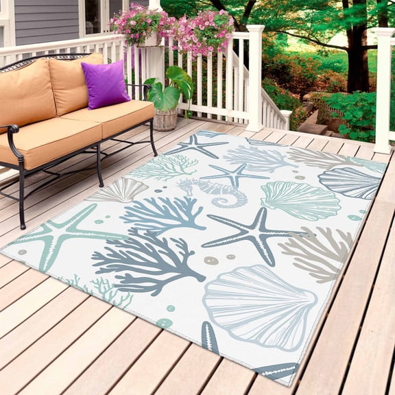 Outdoor Rug 3' x 5', Aqua Teal Coastal Large Carpet Area Rugs for Patio, RV, Deck, Summer Beach Starfish Coral Nautical Water Absorption Camping Rug, Lightweight Washable Rugs Runner