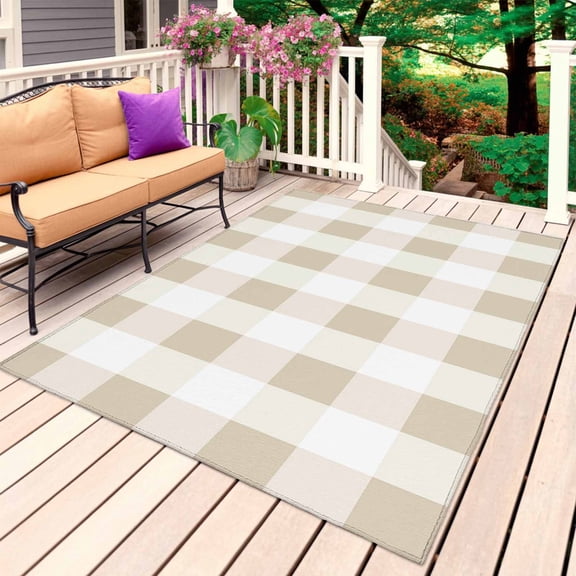 Outdoor Rug 3' x 5', Beige Plaid Large Carpet Area Rugs for Patio, RV, Deck, Spring Summer Farmhouse Buffalo Checkered Water Absorption Camping Rug, Lightweight Washable Rugs Runner