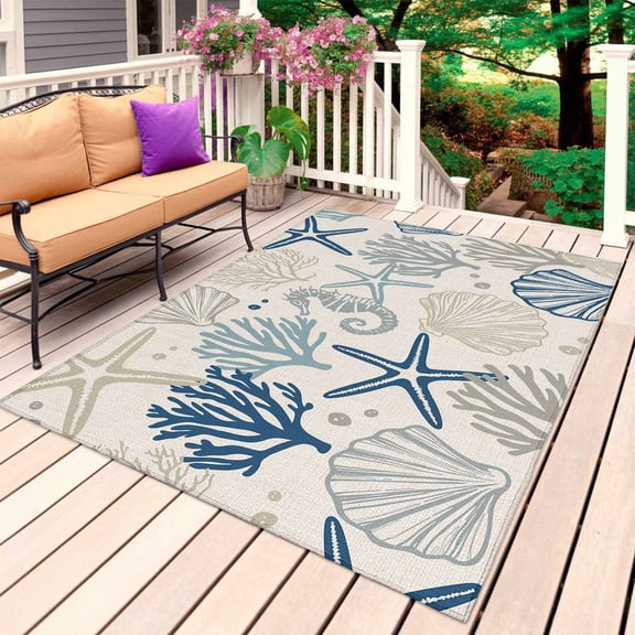 Outdoor Rug 3' x 5', Blue Beige Coastal Large Carpet Area Rugs for Patio, RV, Deck, Summer Beach Starfish Coral Nautical Rustic Water Absorption Camping Rug, Lightweight Washable Rugs Runner