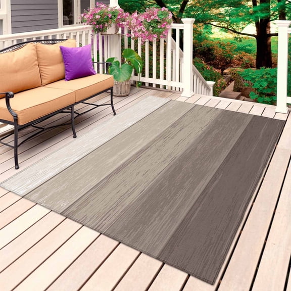 Outdoor Rug 3' x 5', Brown Beige Ombre Large Carpet Area Rugs for Patio, RV, Deck, Farmhouse Vintage Wooden Striped Water Absorption Camping Rug, Lightweight Washable Rugs Runner