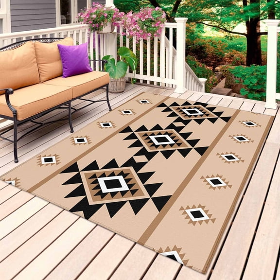 Outdoor Rug 3' x 5', Brown Black Boho Large Carpet Area Rugs for Patio, RV, Deck, Country Aztec Southwest Geometric Water Absorption Camping Rug, Lightweight Washable Rugs Runner