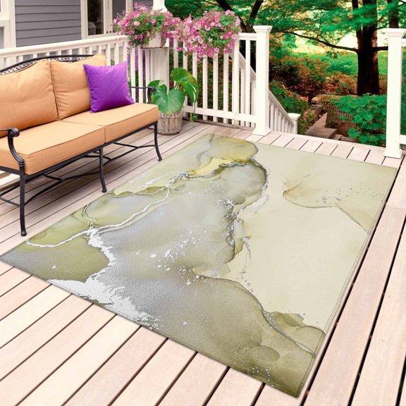 Outdoor Rug 3' x 5', Marble Yellow Large Carpet Area Rugs for Patio, RV, Deck, Modern Abstract Ink Painting Luxury Water Absorption Camping Rug, Lightweight Washable Rugs Runner
