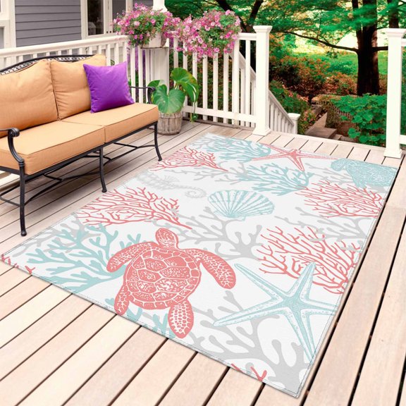 Outdoor Rug 3' x 5', Red Aqua Coastal Large Carpet Area Rugs for Patio, RV, Deck, Sea Turtle Nautical Coral Summer Beach Water Absorption Camping Rug, Lightweight Washable Rugs Runner
