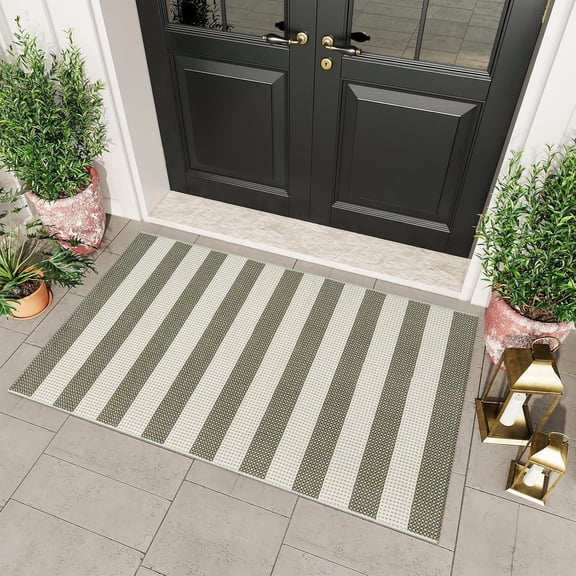 Outdoor Rug 3'x5', Washable Entryway Rugs Indoor Front Door Mat Cotton Woven Checkered Front Door Rug Small Area Rug Outdoor Doormat for Porch Kitchen Patio Bathroom (Green/White/Tan)