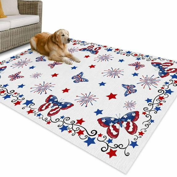 Outdoor Rug 3x5 ft 4th of July Waterproof Outdoor Patio Rug Mat Non Slip Outside Area Rugs Carpet for RV,Camping,Porch,Deck,Pool,Balconybackyard,Patriotic Butterfly Stars Fireworks Red White Blue