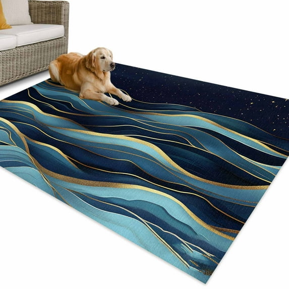 Outdoor Rug 3x5 ft Abstract Coastal Waterproof Outdoor Patio Rug Mat Non Slip Outside Area Rugs Carpet for RV,Camping,Porch,Deck,Pool,Balconybackyard,Watercolor Star Sky Waves Sea Blue Gold