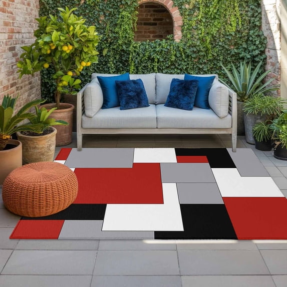 Outdoor Rug 3x5 ft Abstract Geometric Outdoor Large Area Rug Non Slip Rubber Mid Century Red Nordic Front Door Mat RV Rug Camping Carpet Patio Outdoor Rugs for Backyard Balcony Deck Porch Indoor