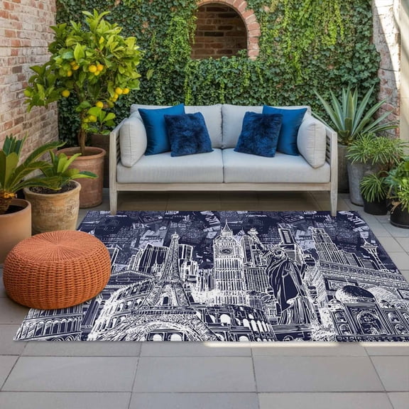 Outdoor Rug 3x5 ft Architecture Landscape Outdoor Large Area Rug Non Slip Rubber Indigo Historic Landmarks Front Door Mat RV Rug Camping Carpet Patio Outdoor Rugs for Backyard Balcony Deck Porch