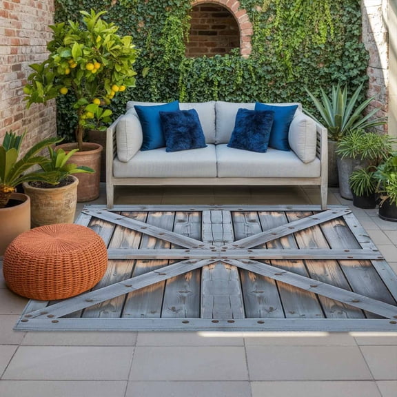 Outdoor Rug 3x5 ft Barn Gate Outdoor Large Area Rug Non Slip Rubber Blue Farmhouse Wood Grain Walls Door Front Door Mat RV Rug Carpet Patio Outdoor Rugs for Backyard Balcony Deck Porch Indoor