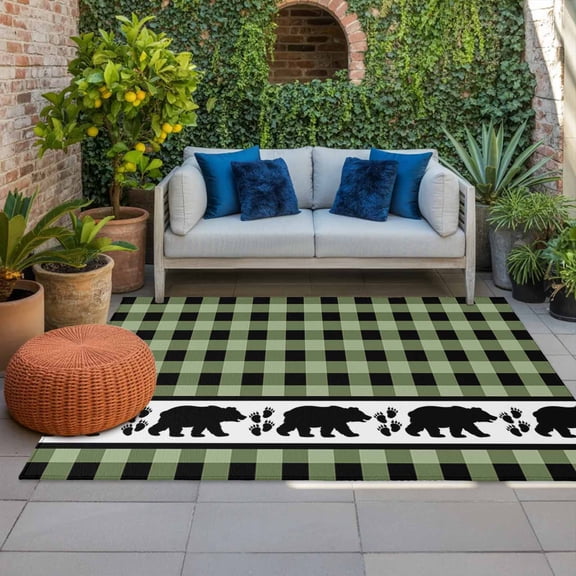 Outdoor Rug 3x5 ft Bear Footprints Green Buffalo Plaid Outdoor Large Area Rug Non Slip Rubber Forest Animals Front Door Mat RV Rug Carpet Patio Outdoor Rugs for Backyard Balcony Deck Porch Indoor