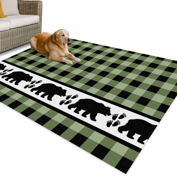 Outdoor Rug 3x5 ft Bear Footprints Green Buffalo Plaid Waterproof Outdoor Patio Rug Mat Non Slip Outside Area Rugs Carpet for RV,Camping,Porch,Deck,Pool,Balcony,Backyard, Forest Animals