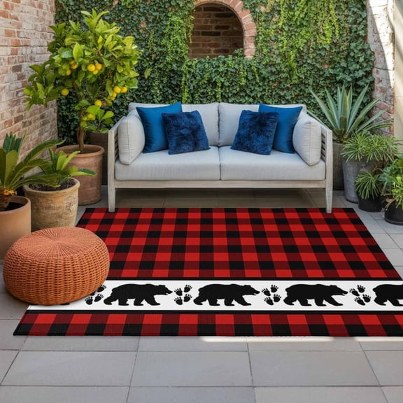 Outdoor Rug 3x5 ft Bear Footprints Red Buffalo Plaid Outdoor Large Area Rug Non Slip Rubber Forest Animals Front Door Mat RV Rug Carpet Patio Outdoor Rugs for Backyard Balcony Deck Porch Indoor