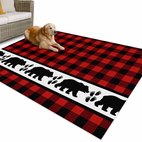 Outdoor Rug 3x5 ft Bear Footprints Red Buffalo Plaid Waterproof Outdoor Patio Rug Mat Non Slip Outside Area Rugs Carpet for RV,Camping,Porch,Deck,Pool,Balcony,Backyard, Forest Animals