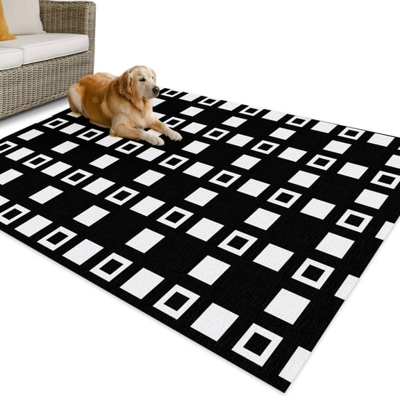 Outdoor Rug 3x5 ft Black Blocks Squares Waterproof Outdoor Patio Rug Mat Non Slip Outside Area Rugs Carpet for RV,Camping,Porch,Deck,Pool,Balcony,Backyard, Modern Geometric Plaid