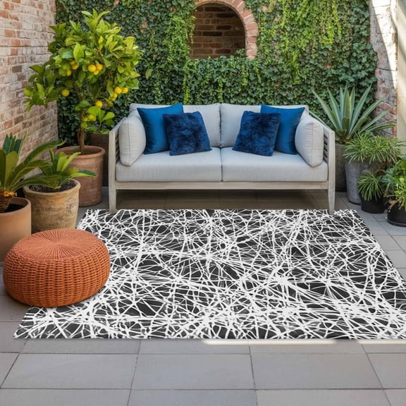 Outdoor Rug 3x5 ft Black Fibers Cobweb Outdoor Large Area Rug Non Slip Rubber Abstract Twist Lines Front Door Mat RV Rug Camping Carpet Patio Outdoor Rugs for Backyard Balcony Deck Porch Indoor