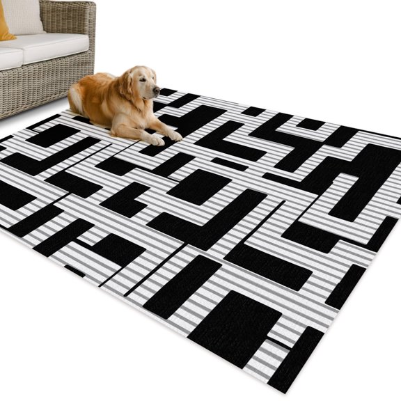 Outdoor Rug 3x5 ft Black Interlocking Lines Waterproof Outdoor Patio Rug Mat Non Slip Outside Area Rugs Carpet for RV,Camping,Porch,Deck,Pool,Balcony,Backyard, Maze Labyrinth Strokes