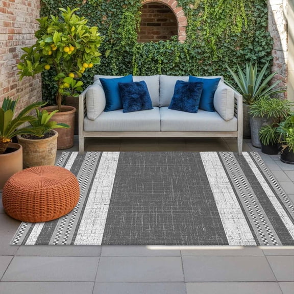 Outdoor Rug 3x5 ft Black Linen Stripes Outdoor Large Area Rug Non Slip Rubber Striped Lines Textured Front Door Mat RV Rug Camping Carpet Patio Outdoor Rugs for Backyard Balcony Deck Porch Indoor