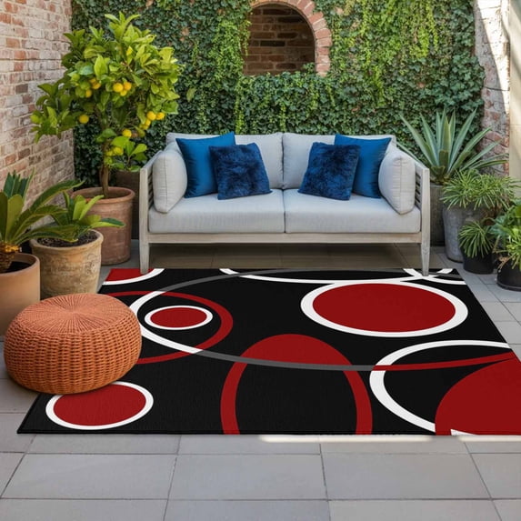 Outdoor Rug 3x5 ft Black Red Circle Outdoor Large Area Rug Non Slip Rubber Geometri Stripe Lines Abstract Art Front Door Mat RV Rug Carpet Patio Outdoor Rugs for Backyard Balcony Deck Porch Indoor
