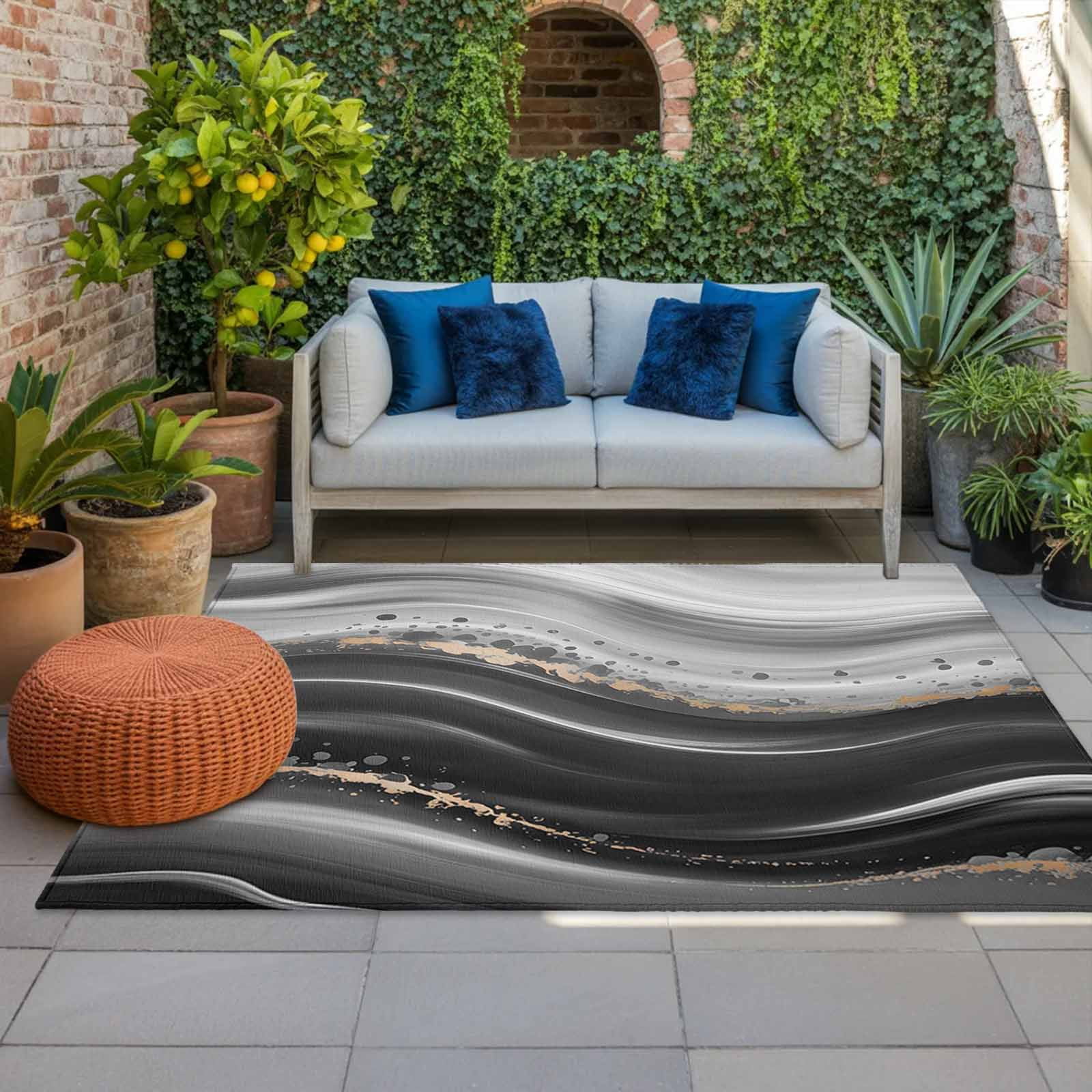 Outdoor Rug 3x5 ft Black Waves Outdoor Large Area Rug Non Slip Rubber Ombre Abstract Fluid Art Front Door Mat RV Rug Camping Carpet Patio Outdoor Rugs for Backyard Balcony Deck Porch Indoor