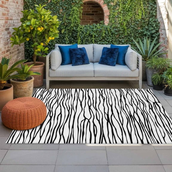 Outdoor Rug 3x5 ft Black White Stripes Outdoor Large Area Rug Non Slip Rubber Waves Lines Striped Front Door Mat RV Rug Camping Carpet Patio Outdoor Rugs for Backyard Balcony Deck Porch Indoor