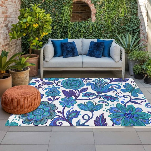 Outdoor Rug 3x5 ft Blue Bohemian Flower Outdoor Large Area Rug Non Slip Rubber Boho Exotic Floral Pattern Front Door Mat RV Rug Carpet Patio Outdoor Rugs for Backyard Balcony Deck Porch Indoor
