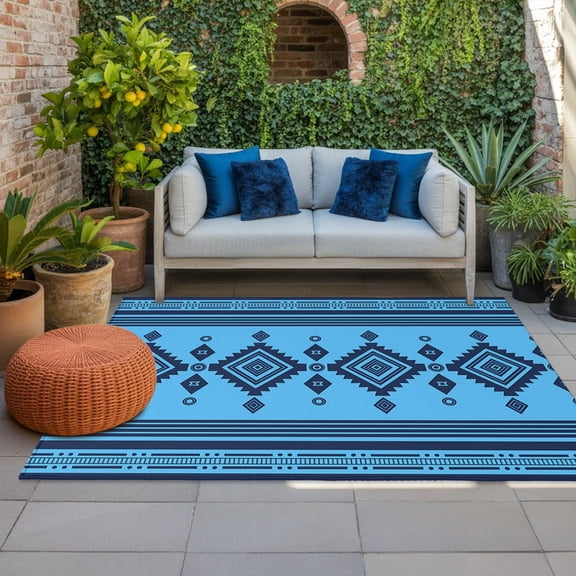 Outdoor Rug 3x5 ft Blue Bohemian Outdoor Large Area Rug Non Slip Rubber Boho Rhombus Lines Stripes Front Door Mat RV Rug Camping Carpet Patio Outdoor Rugs for Backyard Balcony Deck Porch Indoor
