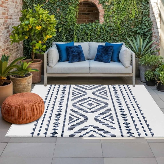 Outdoor Rug 3x5 ft Blue Boho Outdoor Large Area Rug Non Slip Rubber Geometric Tribe Bohemian Style Front Door Mat RV Rug Camping Carpet Patio Outdoor Rugs for Backyard Balcony Deck Porch Indoor