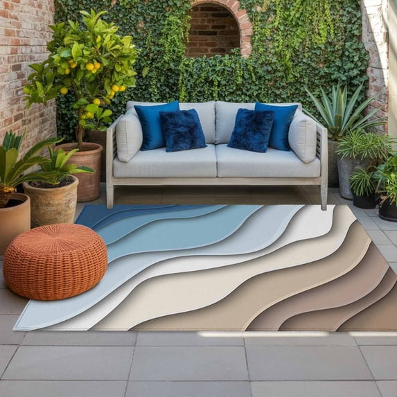 Outdoor Rug 3x5 ft Blue Brown Modern Geometric Outdoor Large Area Rug Non Slip Rubber Ombre Blue Abstract Front Door Mat RV Rug Carpet Patio Outdoor Rugs for Backyard Balcony Deck Porch Indoor