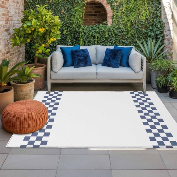 Outdoor Rug 3x5 ft Blue Check Plaid Outdoor Large Area Rug Non Slip Rubber Buffalo Farmhouse Style Pattern Front Door Mat RV Rug Carpet Patio Outdoor Rugs for Backyard Balcony Deck Porch Indoor