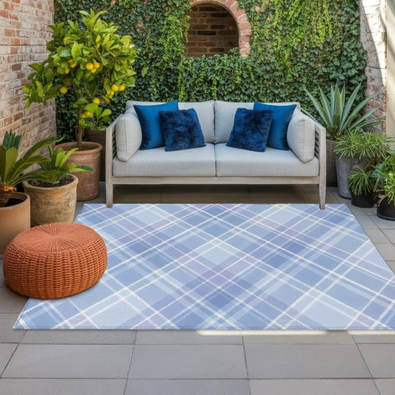 Outdoor Rug 3x5 ft Blue Checked Plaid Outdoor Large Area Rug Non Slip Rubber Twist Liens Stripes Front Door Mat RV Rug Camping Carpet Patio Outdoor Rugs for Backyard Balcony Deck Porch Indoor