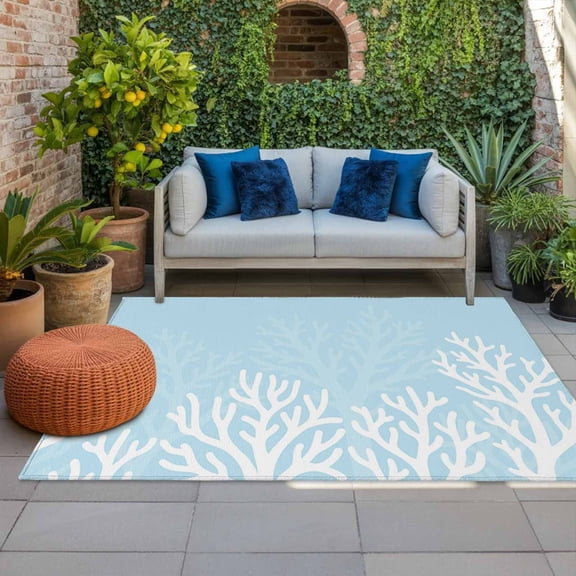 Outdoor Rug 3x5 ft Blue Coastal Coral Reef Outdoor Large Area Rug Non Slip Rubber Ocean Marine Life Seaweed Front Door Mat RV Rug Camping Carpet Patio Outdoor Rugs for Backyard Balcony Deck Porch