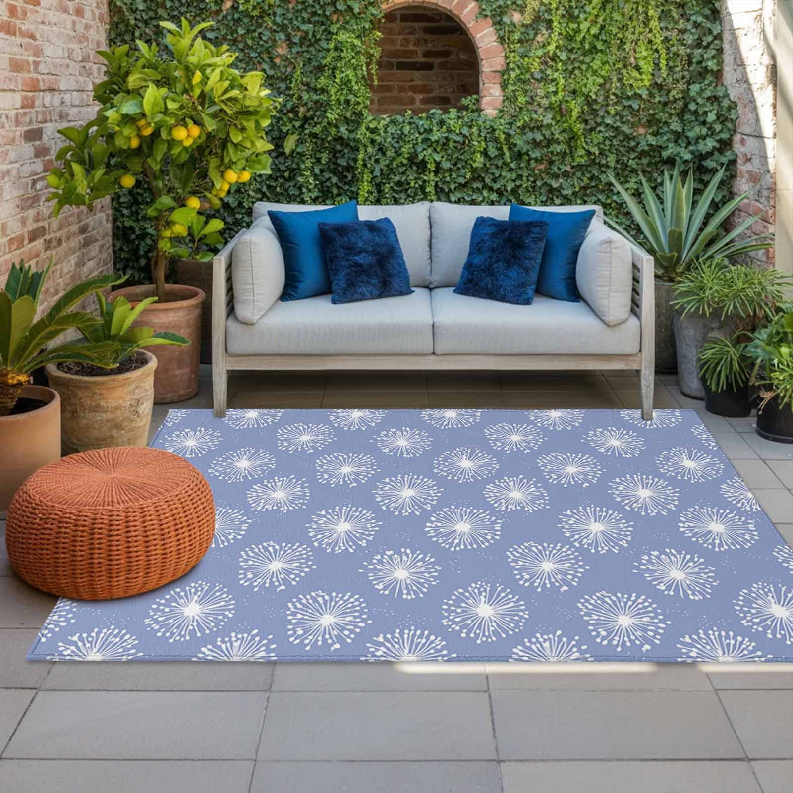 Outdoor Rug 3x5 ft Blue Dandelion Outdoor Large Area Rug Non Slip Rubber Pastoral Plant Front Door Mat RV Rug Camping Carpet Patio Outdoor Rugs for Backyard Balcony Deck Porch Indoor