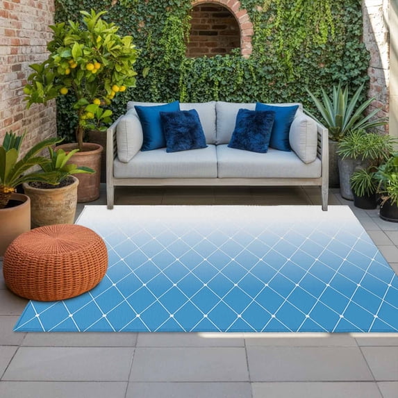 Outdoor Rug 3x5 ft Blue Geometric Lines Outdoor Large Area Rug Non Slip Rubber Gradient Abstract Front Door Mat RV Rug Camping Carpet Patio Outdoor Rugs for Backyard Balcony Deck Porch Indoor