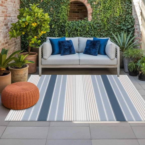 Outdoor Rug 3x5 ft Blue Grey Vertical Stripes Outdoor Large Area Rug Non Slip Rubber Ombre Striped Front Door Mat RV Rug Camping Carpet Patio Outdoor Rugs for Backyard Balcony Deck Porch Indoor