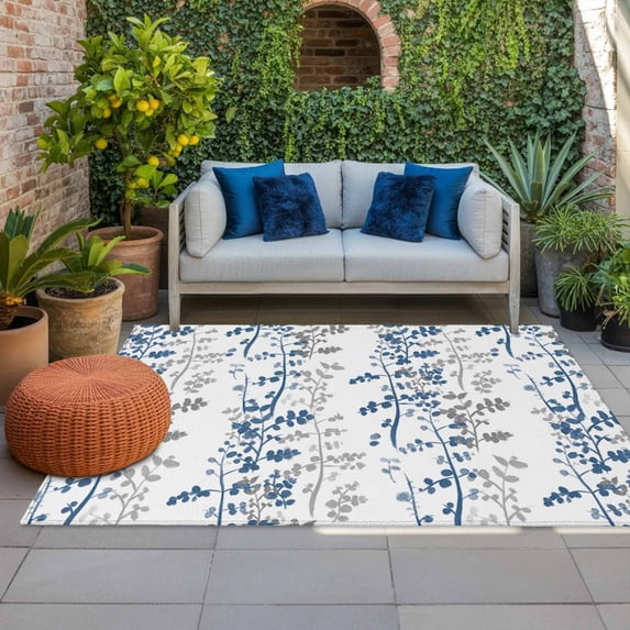 Outdoor Rug 3x5 ft Blue Leaf Outdoor Large Area Rug Non Slip Rubber Grey Leaves Branches Front Door Mat RV Rug Camping Carpet Patio Outdoor Rugs for Backyard Balcony Deck Porch Indoor