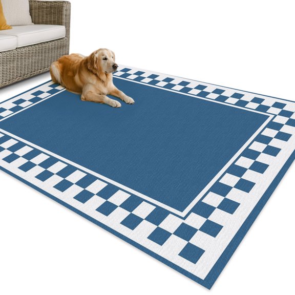 Outdoor Rug 3x5 ft Blue Squares Waterproof Outdoor Patio Rug Mat Non Slip Outside Area Rugs Carpet for RV,Camping,Porch,Deck,Pool,Balcony,Backyard, Modern Block Checkered Border