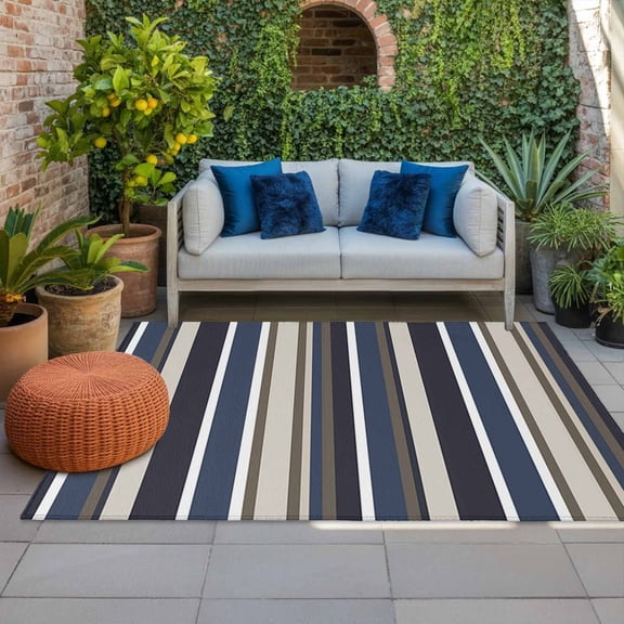 Outdoor Rug 3x5 ft Blue Striped Outdoor Large Area Rug Non Slip Rubber Geometric Beige Stripes Front Door Mat RV Rug Camping Carpet Patio Outdoor Rugs for Backyard Balcony Deck Porch Indoor