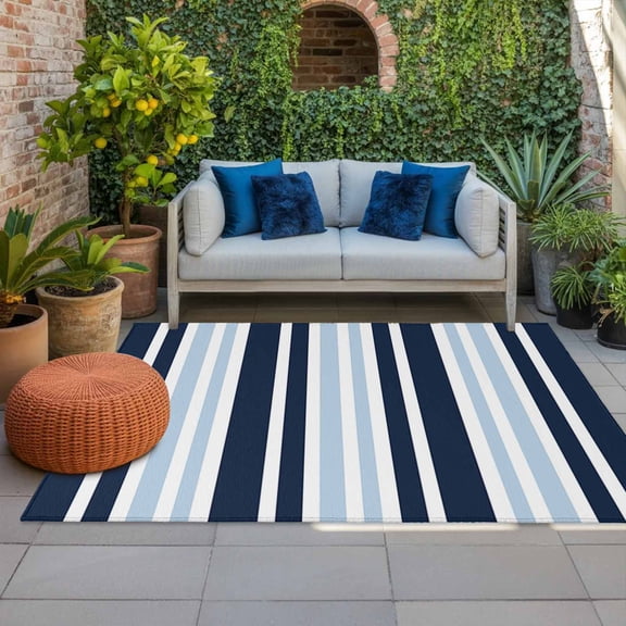 Outdoor Rug 3x5 ft Blue Striped Outdoor Large Area Rug Non Slip Rubber Navy Blue Vertical Stripes Front Door Mat RV Rug Camping Carpet Patio Outdoor Rugs for Backyard Balcony Deck Porch Indoor