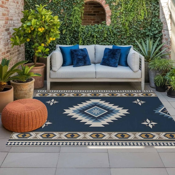 Outdoor Rug 3x5 ft Blue Tribal Geometric Outdoor Large Area Rug Non Slip Rubber Vintage Boho Native Abstract Front Door Mat RV Rug Carpet Patio Outdoor Rugs for Backyard Balcony Deck Porch Indoor