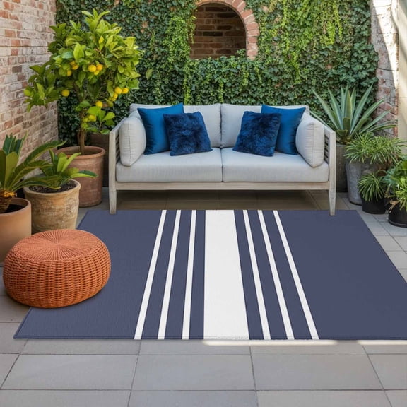 Outdoor Rug 3x5 ft Blue Vertical Stripes Outdoor Large Area Rug Non Slip Rubber Classic Striped Front Door Mat RV Rug Camping Carpet Patio Outdoor Rugs for Backyard Balcony Deck Porch Indoor