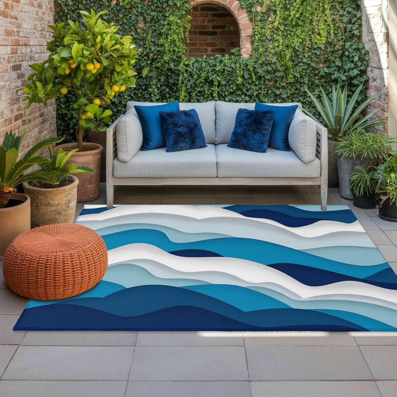 Outdoor Rug 3x5 ft Blue White Ombre Sea Wave Outdoor Large Area Rug Non Slip Rubber Abstract Geometric Front Door Mat RV Rug Camping Carpet Patio Outdoor Rugs for Backyard Balcony Deck Porch Indoor