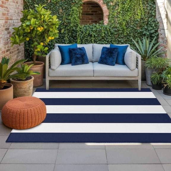 Outdoor Rug 3x5 ft Blue White Stripes Outdoor Large Area Rug Non Slip Rubber Simple Style Striped Front Door Mat RV Rug Camping Carpet Patio Outdoor Rugs for Backyard Balcony Deck Porch Indoor