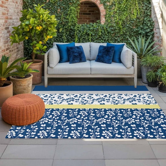 Outdoor Rug 3x5 ft Blue Yellow Leaves Outdoor Large Area Rug Non Slip Rubber Stitching Stripes Front Door Mat RV Rug Camping Carpet Patio Outdoor Rugs for Backyard Balcony Deck Porch Indoor