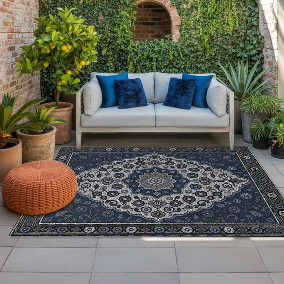 Outdoor Rug 3x5 ft Boho Flower Outdoor Large Area Rug Non Slip Rubber Navy Blue Bohemia Geometric Tribal Front Door Mat RV Rug Carpet Patio Outdoor Rugs for Backyard Balcony Deck Porch Indoor