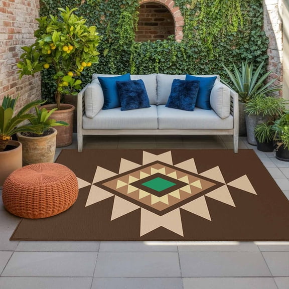 Outdoor Rug 3x5 ft Brown Aztec Outdoor Large Area Rug Non Slip Rubber Boho Western Tribal Pattern Front Door Mat RV Rug Camping Carpet Patio Outdoor Rugs for Backyard Balcony Deck Porch Indoor