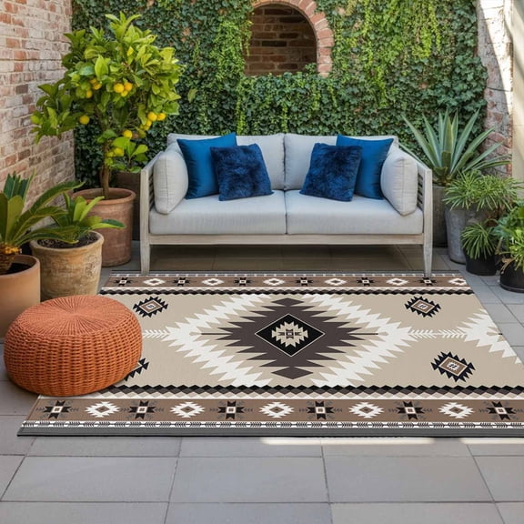 Outdoor Rug 3x5 ft Brown Bohemian Outdoor Large Area Rug Non Slip Rubber Aztec Boho Southwest Tribal Front Door Mat RV Rug Camping Carpet Patio Outdoor Rugs for Backyard Balcony Deck Porch Indoor