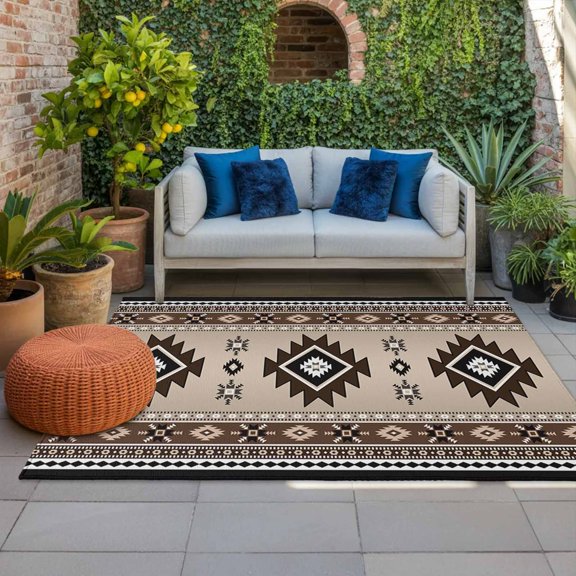 Outdoor Rug 3x5 ft Brown Bohemian Outdoor Large Area Rug Non Slip Rubber Southwest Tribal Aztec Boho Front Door Mat RV Rug Camping Carpet Patio Outdoor Rugs for Backyard Balcony Deck Porch Indoor