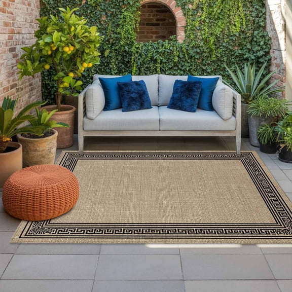 Outdoor Rug 3x5 ft Brown Linen Key Design Outdoor Large Area Rug Non Slip Rubber Geometric Back Print Pattern Front Door Mat RV Rug Carpet Patio Outdoor Rugs for Backyard Balcony Deck Porch Indoor
