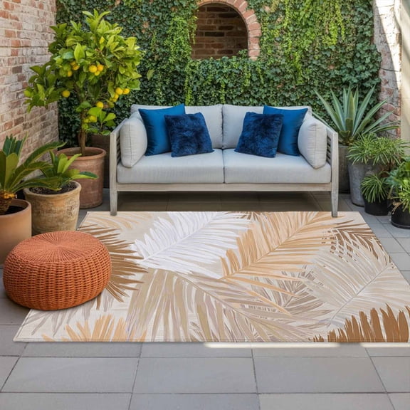 Outdoor Rug 3x5 ft Brown Palm Leaves Outdoor Large Area Rug Non Slip Rubber Tropical Leaf Plant Front Door Mat RV Rug Camping Carpet Patio Outdoor Rugs for Backyard Balcony Deck Porch Indoor